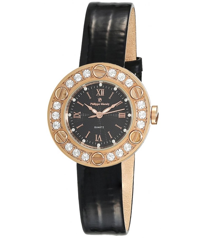 Philippe Moraly Womens Black Dial Leather Band Watch - LS1156RBB