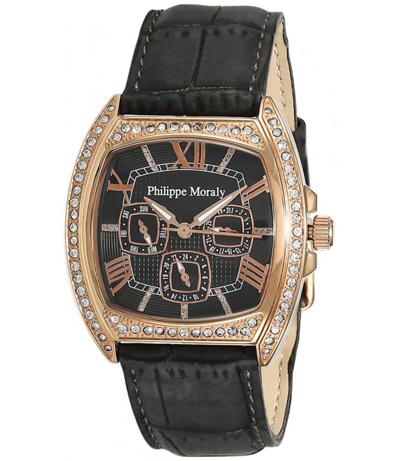 Philippe Moraly Womens Black Dial Leather Band Watch - LS1140RBB