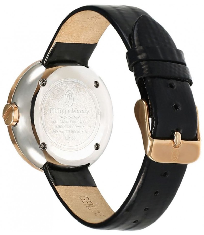Philippe Moraly Womens Black Dial Leather Band Watch - LS1156RBB