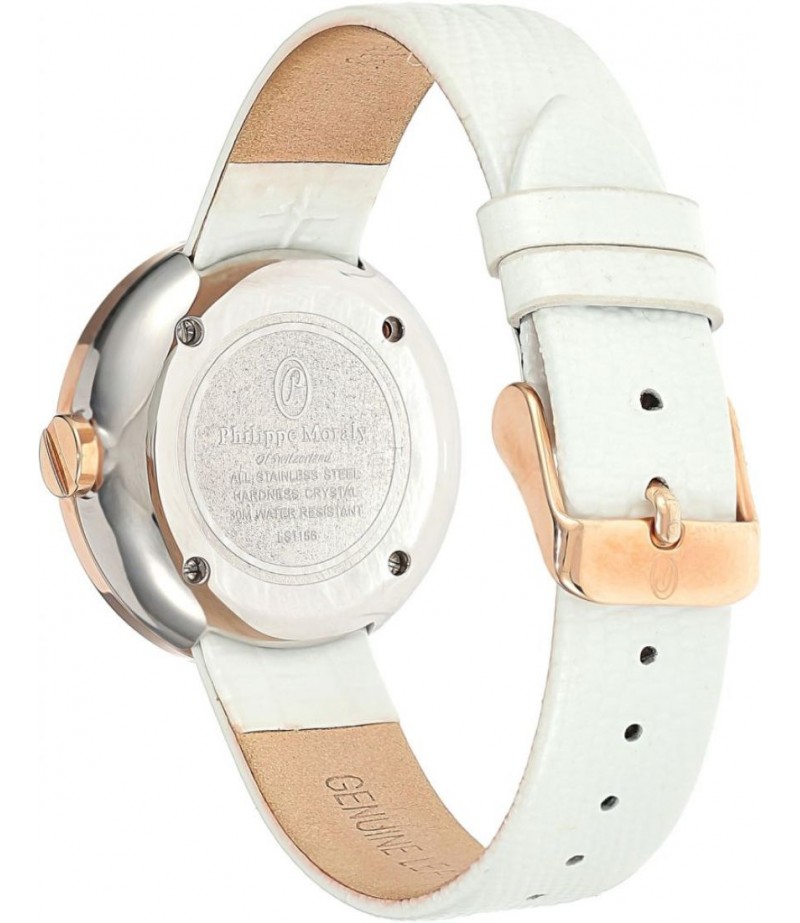 Philippe Moraly Womens White Dial Leather Band Watch - LS1156RWW