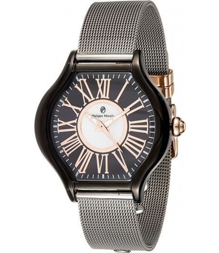 Philippe Moraly Womens Black Dial Stainless Steel Band Watch - M1612CRB